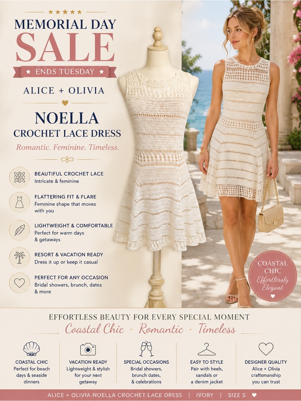 Alice + Olivia Noella Crochet Lace Dress Ivory Coastal Chic Size S